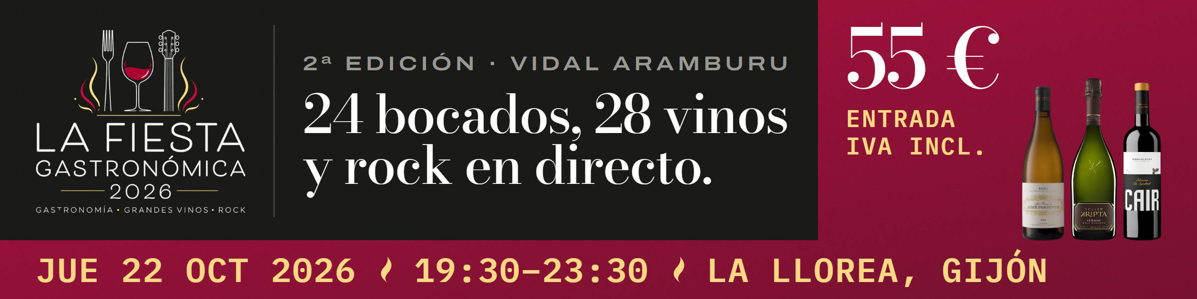 La Fiesta Gastronómica 2026, de Vidal Aramburu: 24 bocados, 28 vinos y rock en directo. Jueves 22 de octubre, de 19:30 a 23:30, en La Llorea (Gijón).